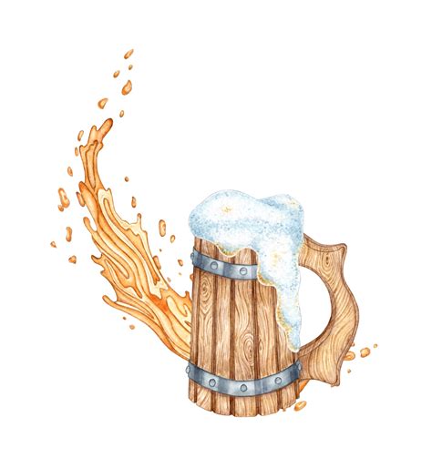 Watercolor illustration of an old wooden mug with beer foam and splashes. Vintage cup for beer ...