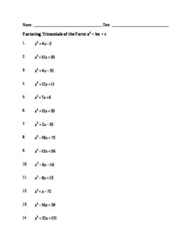 Worksheet: Factoring Quadratic Trinomials (a=1) by No-Frills Math Practice