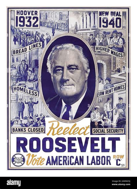 ROOSEVELT 1940 Vintage American Presidential election poster 'Reelect Roosevelt, Vote American ...