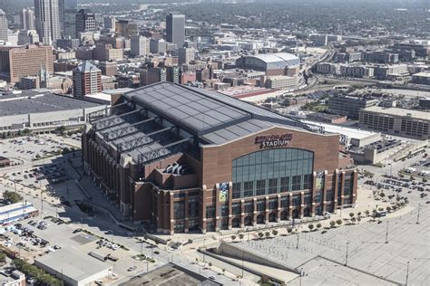 Aerial view of Indianapolis, Indiana, with a focus on Lucas Oil Stadium, a multi-purpose stadium ...