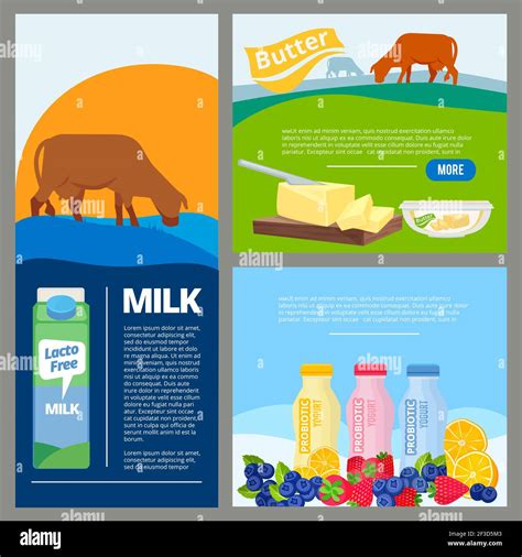 Banner dairy food. Promo ads pictures of fresh farm milk and organic products in bottles vector ...