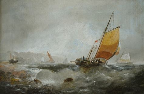 Pair Antique Oil Paintings Seascapes "Sailing Ships Off The Coast" C1870