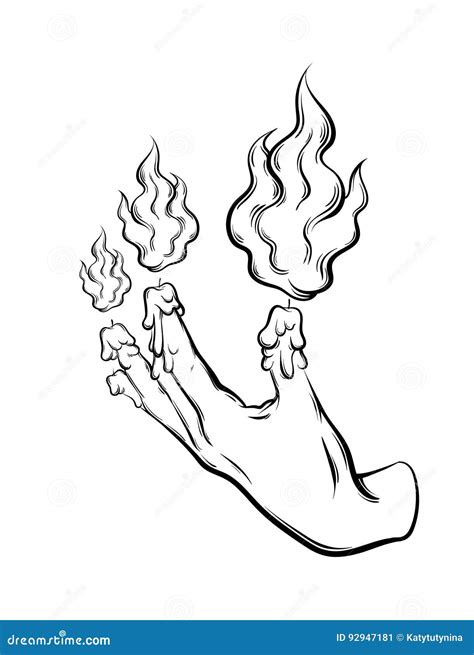 Vector Hand Drawn Illustration of Human Hand with Fire and Melting Fingers. Stock Vector ...