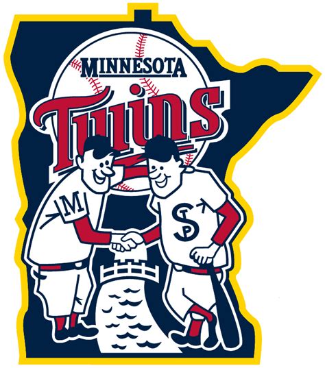 Minnesota Twins Alternate Logo (2002) - Minnie & Paul shaking hands over river on state of ...