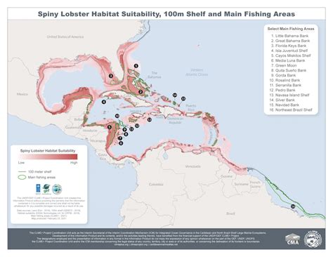 Spiny Lobster Habitat Suitability, 100m Shelf and Main Fishing Areas - CLME+ HUB