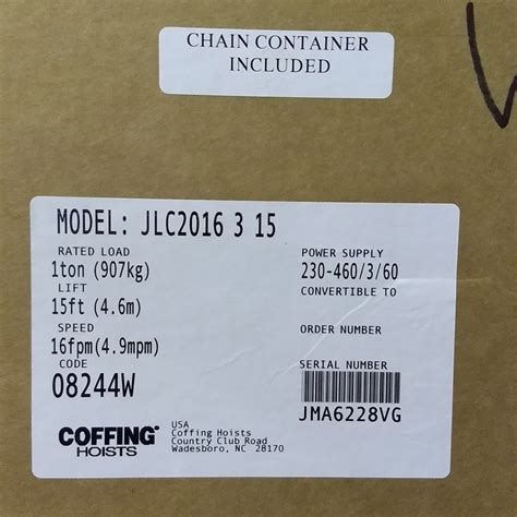 1 ton x 15 ft lift Coffing JLC Chain Hoist 230/460 3-Phase | Wesco ...