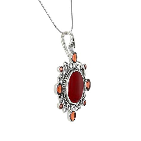 Fancy Red Coral Pendant with Garnet and Sterling Detail