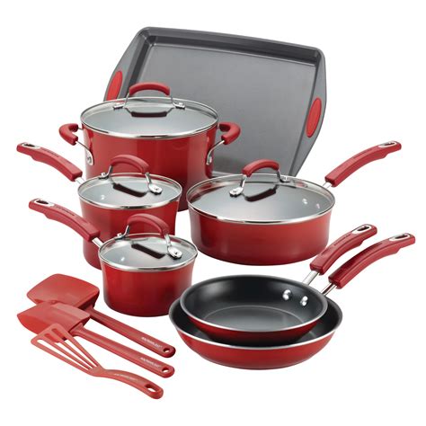 Rachael Ray Hard Porcelain Enamel Nonstick Cookware Set, 14-Piece, Red Gradient - Home - Kitchen ...