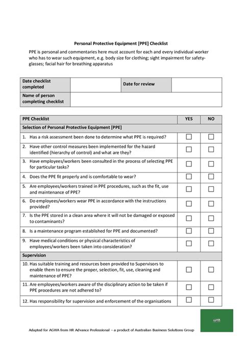 Personal protective equipment (PPE) checklist in Word and Pdf formats