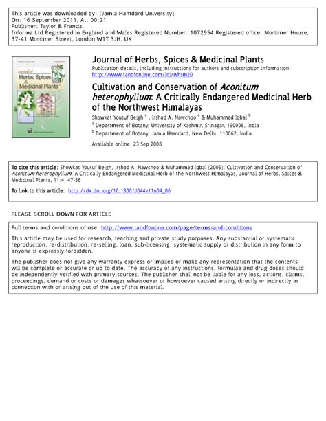 (PDF) Cultivation and Conservation of Aconitum heterophyllum: A ...