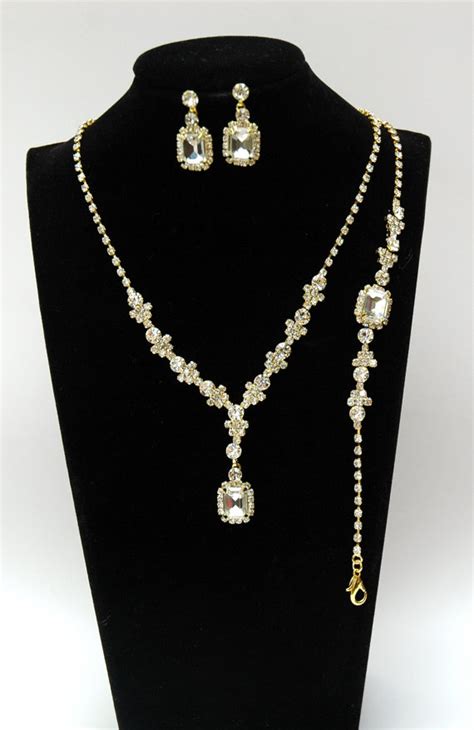 Bridal Necklace, Rhinestone Jewelry Set, Gold Crystal Wedding Jewelry Set, Bridal Necklace ...