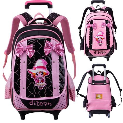 New 2 Wheels Cute Princess Children School bags Primary High Student Removable Trolley Backpack ...