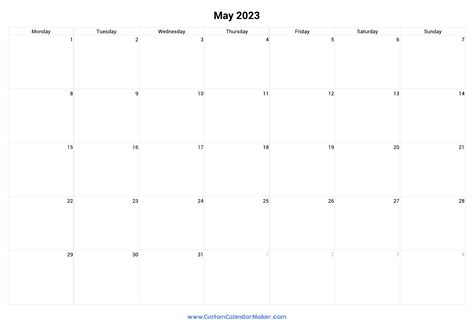 May 2023 Monday Start Calendar | Monday to Sunday