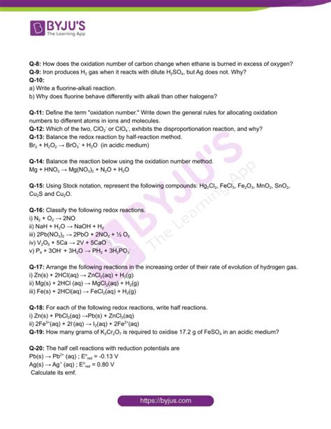 Class 11 Chemistry Worksheet on Chapter 8 Redox Reactions - Set 1