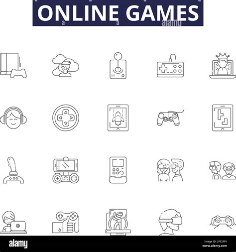 Online games line vector icons and signs. Games, Multiplayer, eSports, Strategy, MMORPG, Shooter ...