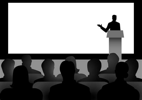 Silhouette illustration of man giving a speech on stage with blank big screen as the background ...