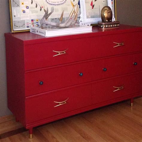 #midcenturymodern dresser refinished in glossy cranberry with original gold pulls and some ...
