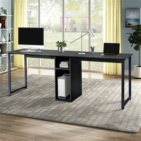 Long Office Desk For 2 Person, Black Large Double Workstation Computer Desk With Storage For ...