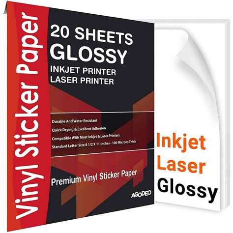 Printable Vinyl Sticker Paper for Inkjet & Laser Printer - 20 Premium Sheets White Decal Glossy ...