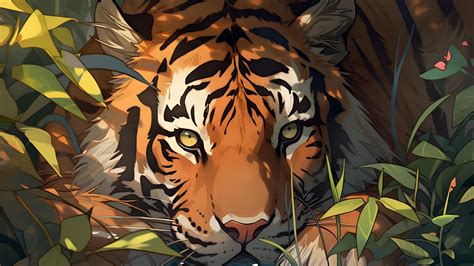 Aesthetic Tiger in the Leaves Desktop Wallpaper - Tiger Wallpaper