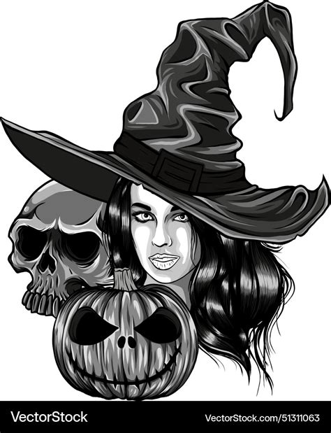 Monochrome witch with skull Royalty Free Vector Image