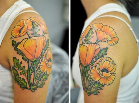 Orange Poppies | Flower tattoo shoulder, Poppies tattoo, Traditional poppy tattoo