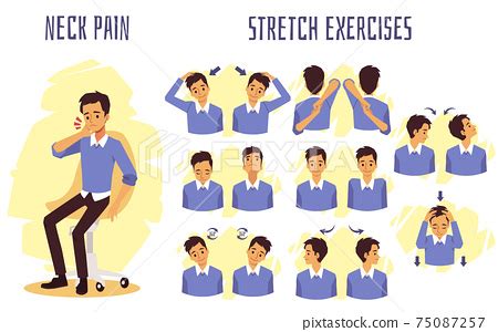 Stretch exercises to relieve neck pain, flat... - Stock Illustration [75087257] - PIXTA