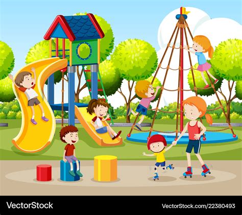 Children playing outdoors scene Royalty Free Vector Image