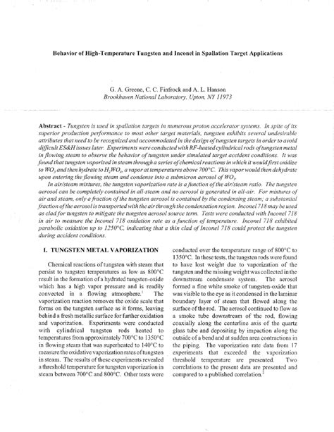 (PDF) Behavior of High-Temperature Tungsten and Inconel in Spallation Target Applications