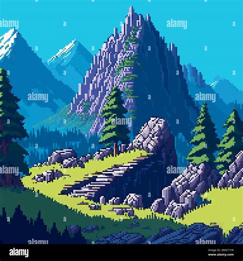 Landscape 8bit pixel art. Summer natural landscape mountain scenery ...