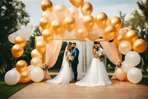 wedding couple under a golden arch with balloons. AI-Generated 31278756 ...