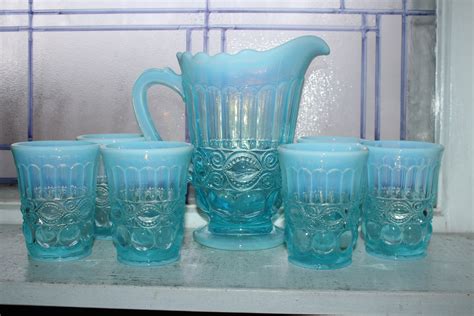 Vintage Blue Opalescent Glass Pitcher & 6 Tumblers Mosser Eyewinker