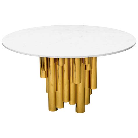 Round Brass Tubular Dining Table with Marble Top | Marble table top, Marble tables design ...