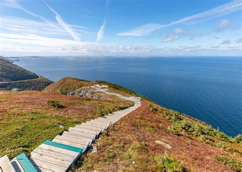 stairs lead down to the top of a grassy hill overlooking the ocean on a sunny day