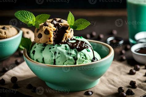 chocolate chip cookie dough ice cream in a bowl with mint leaves and chocolate chips. AI ...