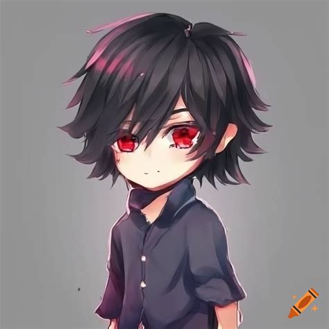 Tiny cute anime boy with long wavy black hair and red eyes wearing shorts