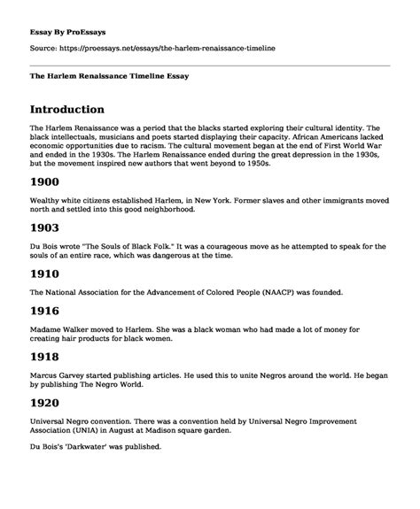 📚 The Harlem Renaissance Timeline - Free Essay, Term Paper Example | ProEssays.net