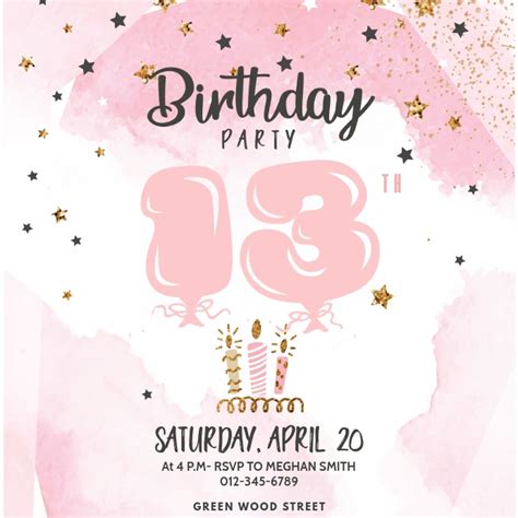 13th Birthday Party Invitation for Girl Template | PosterMyWall