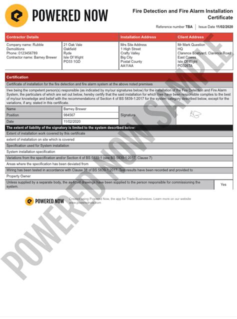 Fire Detection and Fire Alarm Installation Certificate