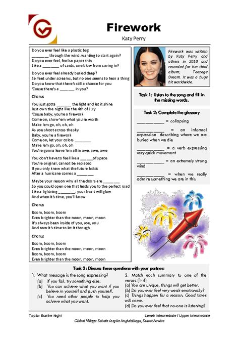 Song Worksheet: Firework by Katy Perry