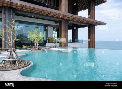 Pattaya Thailand May 2022, modern Hilton hotel at oceanfront beach road ...