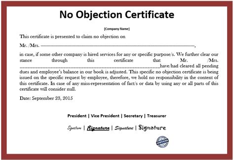 10 Free Sample No Objection Certificate Templates - Printable Samples