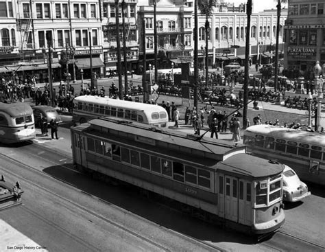 Horton Plaza, ca. 1940's, the original San Diego Trolley | San diego area, Downtown san diego ...