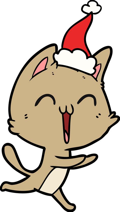 happy line drawing of a cat meowing wearing santa hat 10678556 Vector ...