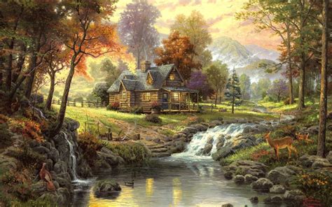 Wallpaper : landscape, painting, ART, house, forest, river, animals 1920x1200 - wallpaperUp ...