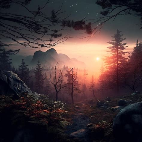 Premium Photo | Forest sunset or sunrise landscape background