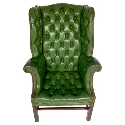 Exquisite George III Mahogany Green Leather Chesterfield Wing Chair For Sale at 1stDibs | green ...
