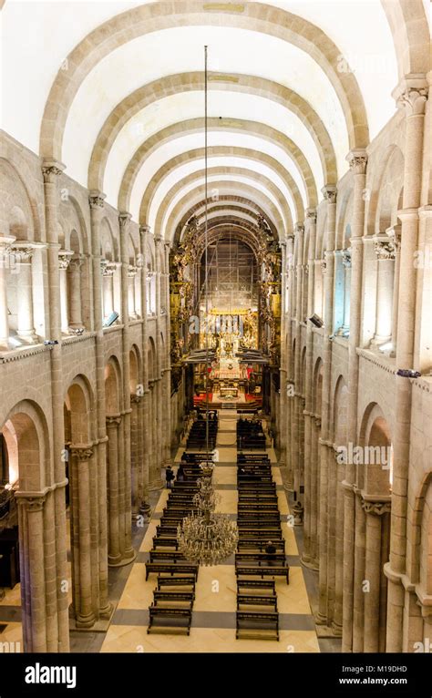 Santiago de Compostela Cathedral. Interior view from tribune. Main nave and corridor Stock Photo ...