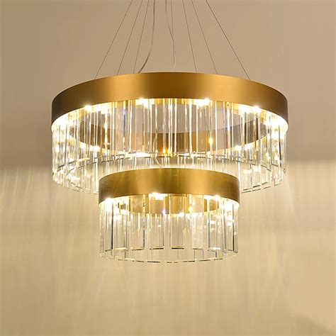 Light luxury crystal chandelier two layer round modern gold villa living room dining room ...