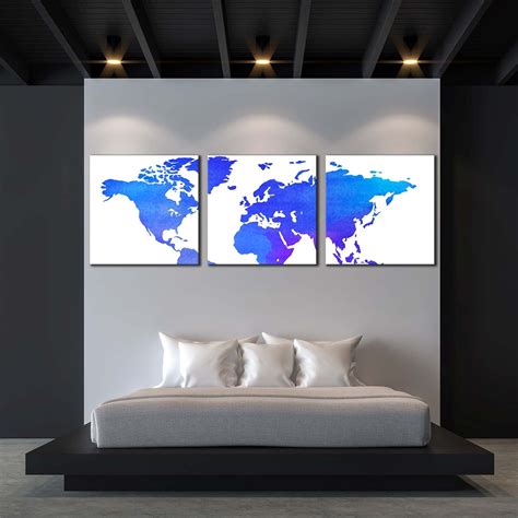 World Map Canvas Wall Art, Detailed World Map 3 Piece Canvas Set, Blue ...